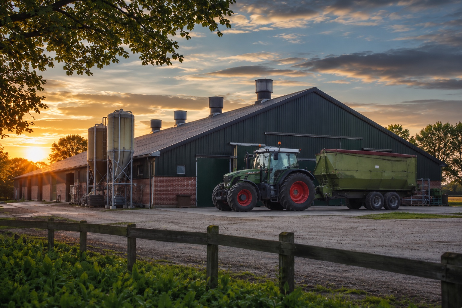 Sicherheit für landwirtschaftliche Betriebe — Schweinestall mit Traktor in der Dämmerung — CS Sicherheit